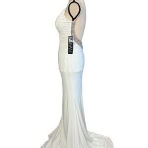 Jovani White Open Embellished Back Plunging V-Neck Dress